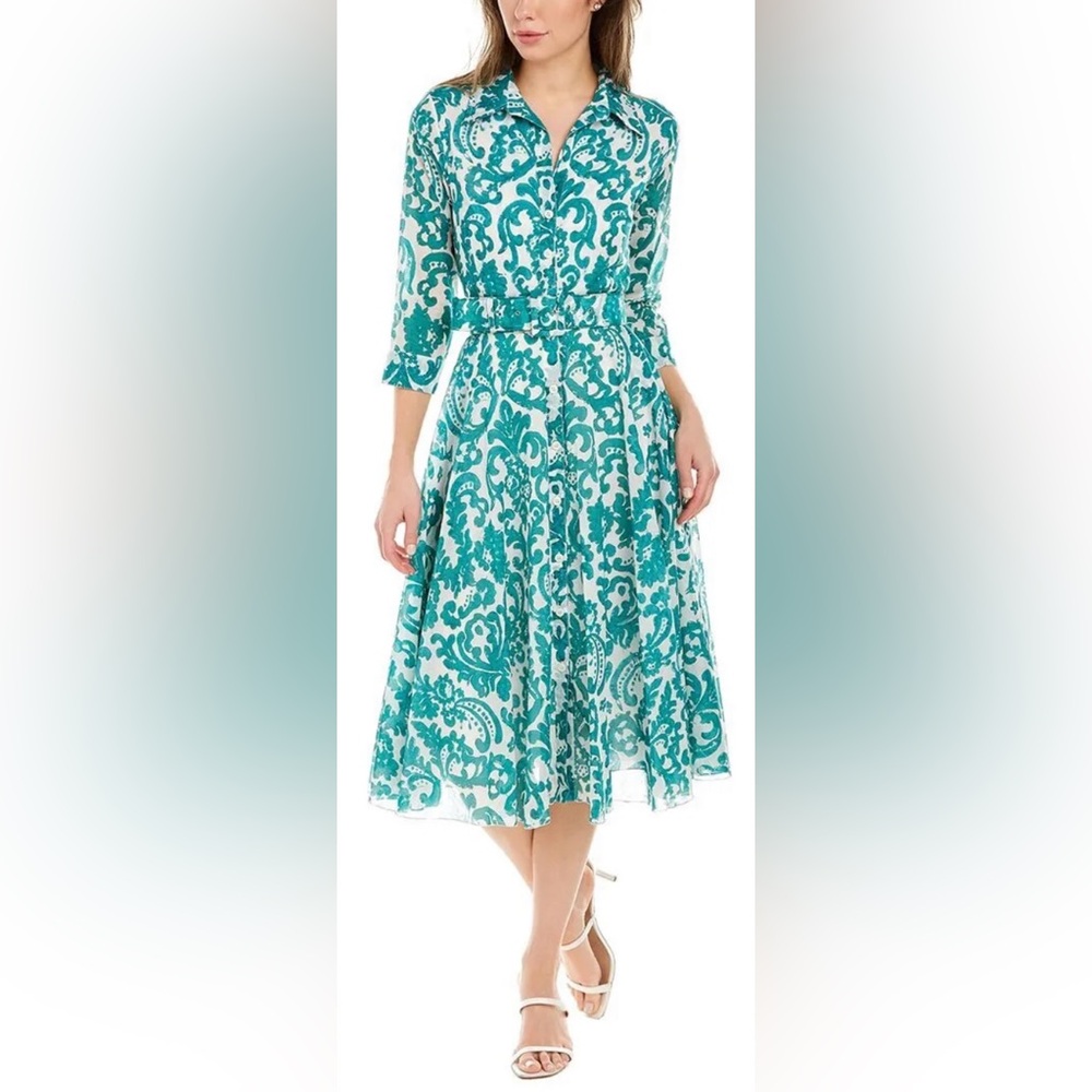 Samantha Sung Elegant Teal Patterned Dress, Size 10